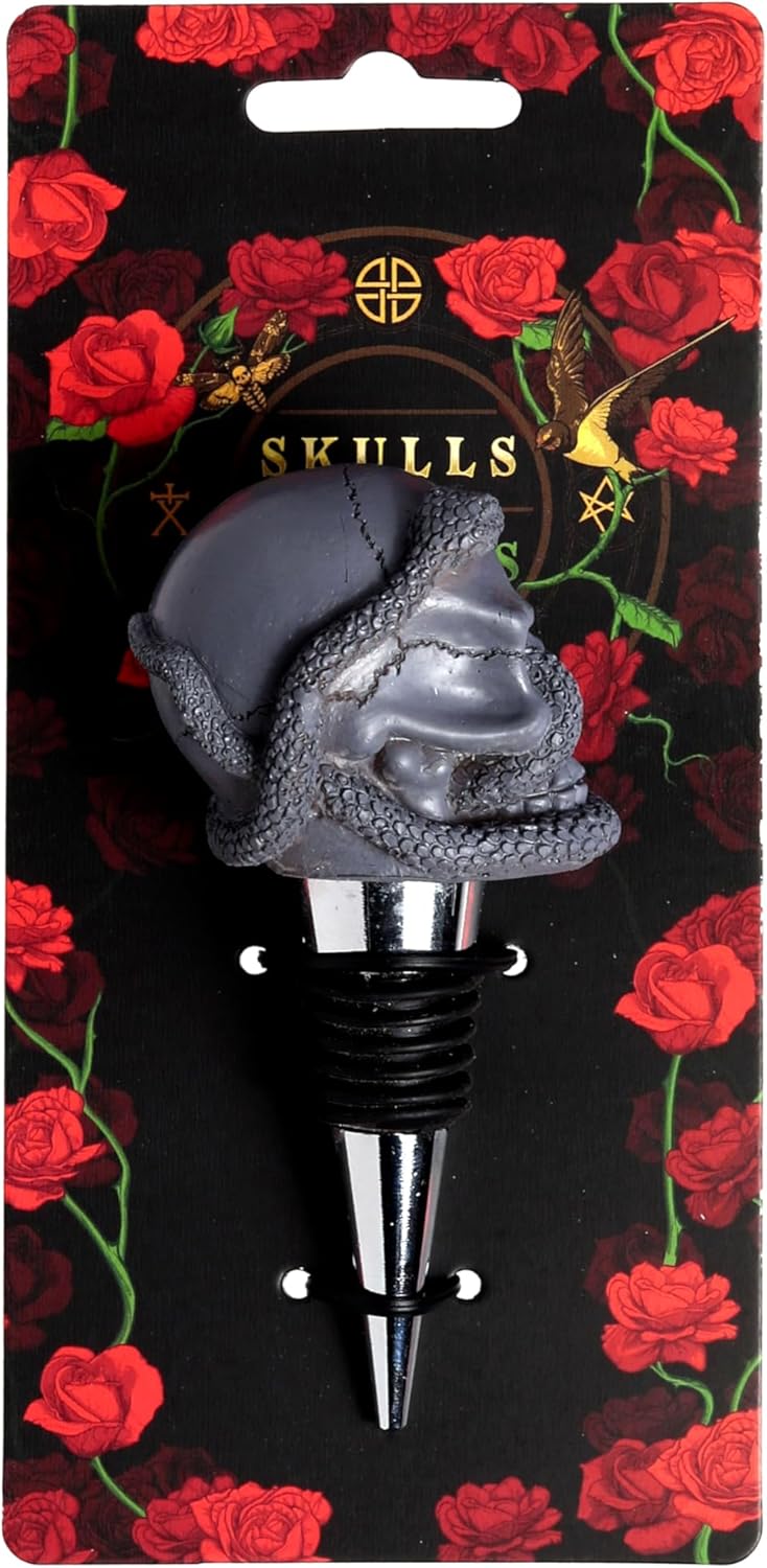 Grey resin skull and snake wine bottle stopper on a silver stopper, displayed on a dark floral gothic branded card backing
