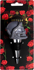 Grey resin skull and snake wine bottle stopper on a silver stopper, displayed on a dark floral gothic branded card backing