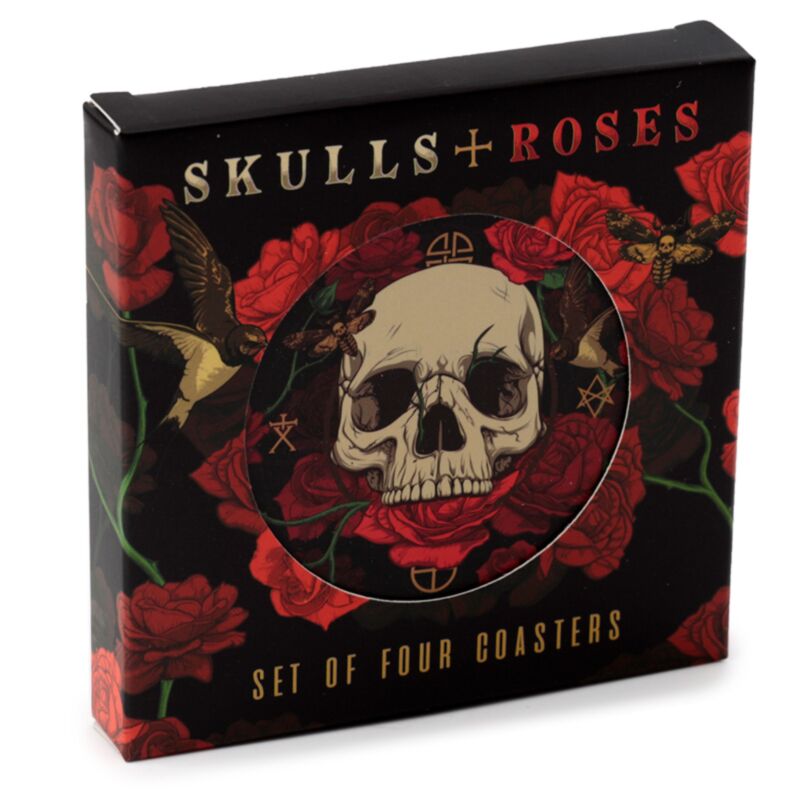 Set Of 4 Skulls & Roses Themed Cork Back Coasters Gothic Gift