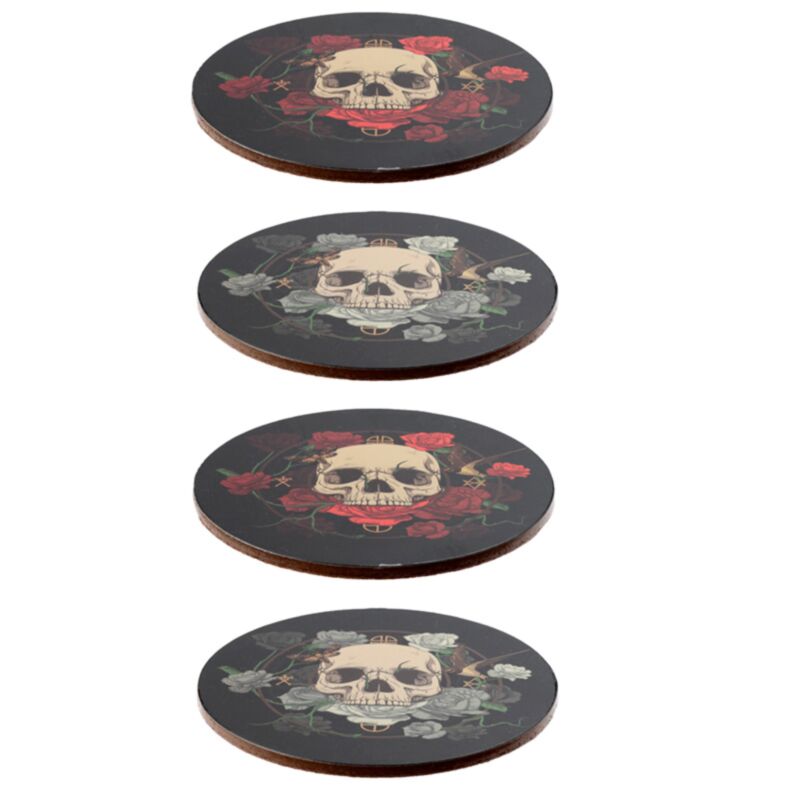 Set of 4 cork backed coasters featuring skulls and roses themed gothic artwork and decorative designs.