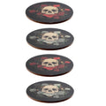 Set of 4 cork backed coasters featuring skulls and roses themed gothic artwork and decorative designs.