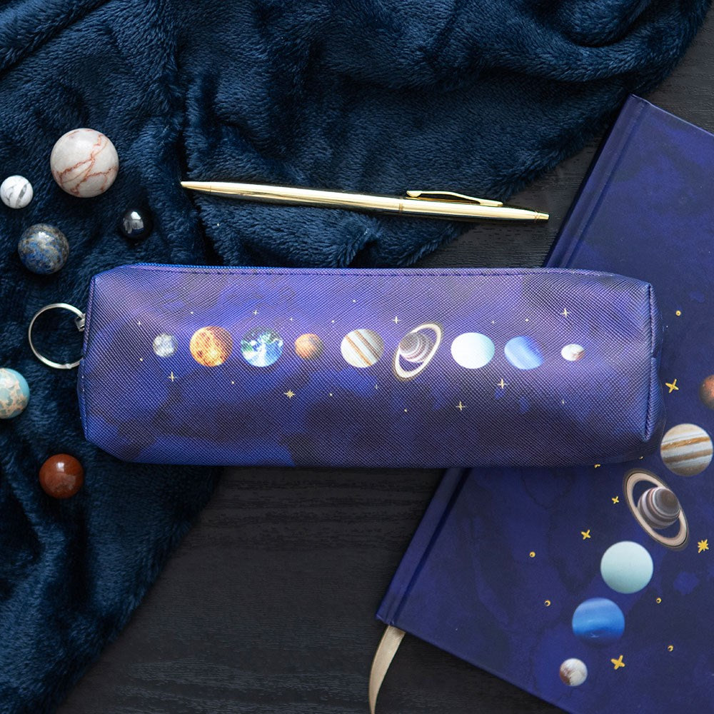 Solar system slim PU pencil case, space-themed stationery accessory