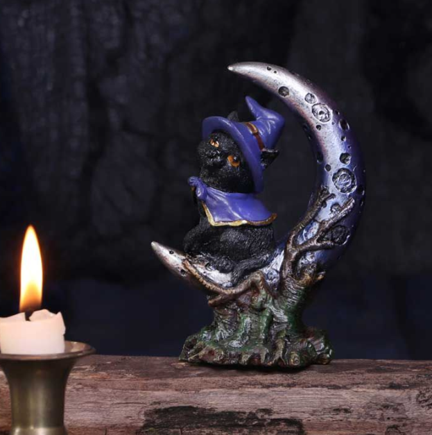 Black cat and crescent moon figurine with witches familiar theme, magical decorative piece