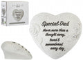 White glittery heart-shaped memorial stone with embossed rose detail reading "Special Dad, Never more than a thought away, loved and remembered every day", on a white background
