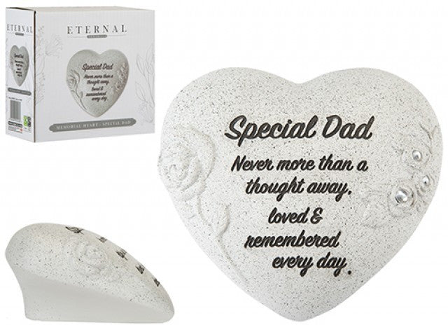 White glittery heart-shaped memorial stone with embossed rose detail reading "Special Dad, Never more than a thought away, loved and remembered every day", on a white background
