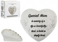 White glittery heart-shaped memorial stone with embossed rose detail reading "Special Mum, In memory of a life so beautifully lived, a heart so deeply loved", on a white background

