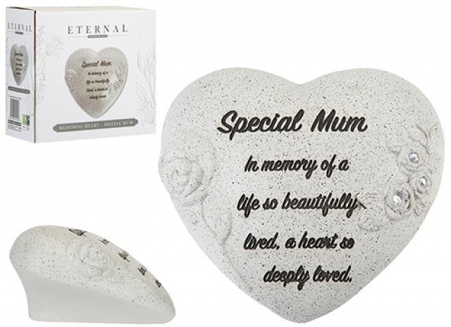 White glittery heart-shaped memorial stone with embossed rose detail reading "Special Mum, In memory of a life so beautifully lived, a heart so deeply loved", on a white background

