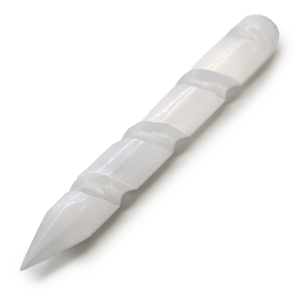 16cm spiral selenite crystal wand with carved twisted design and natural white translucent finish.