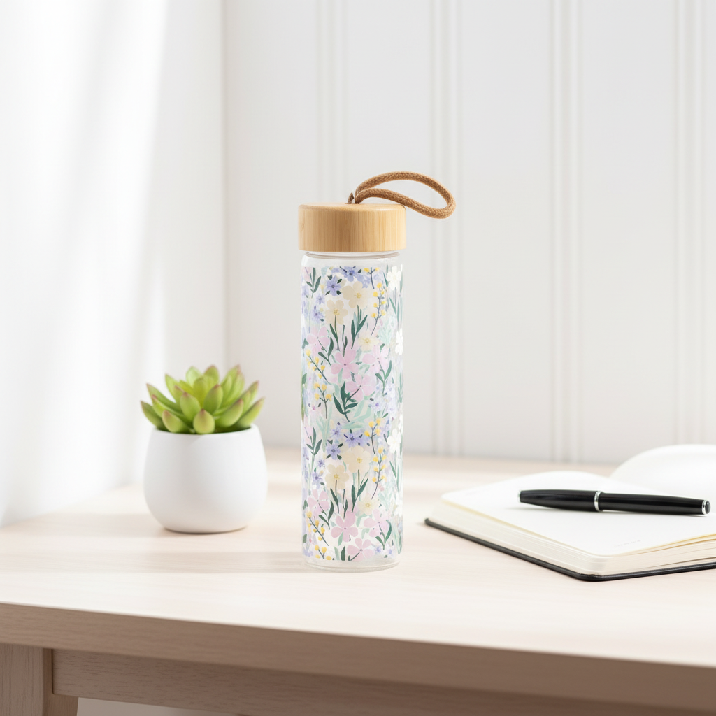 Spring floral glass water bottle with bamboo lid and loop, featuring a pastel pink and blue floral pattern, styled on a bright white surface
