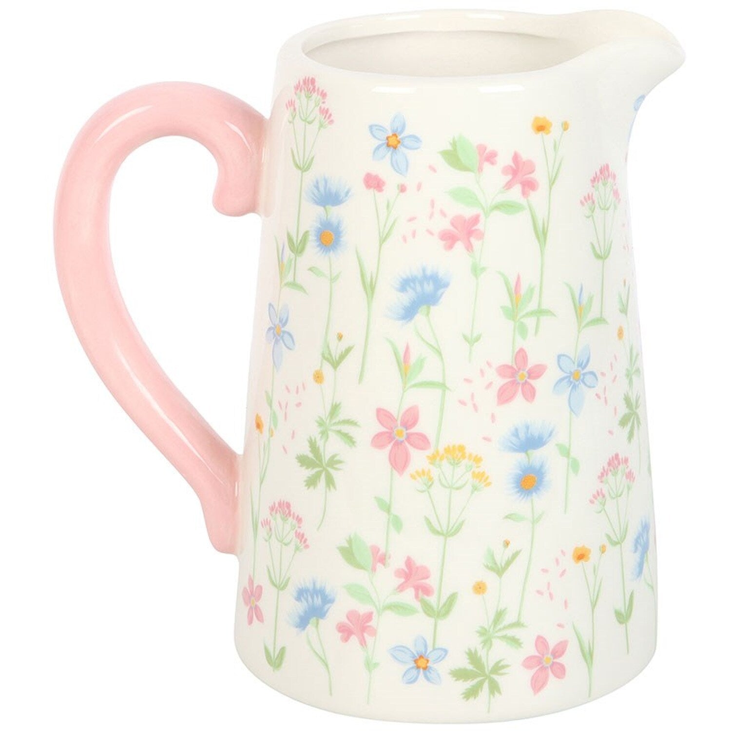 Cream ceramic jug vase with all-over pastel floral print in pink, blue and yellow, with a pink handle, decorative use only