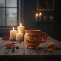 Orange cauldron-shaped mug reading Stirring Up Trouble styled with autumn leaves and candles on a rustic wooden table