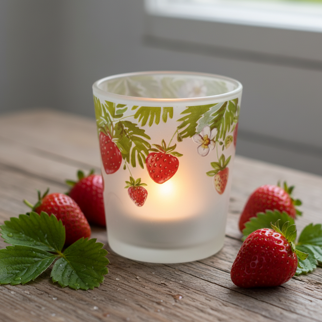 Frosted glass votive candle holder with red strawberry and green leaf design, lit tealight inside casting warm glow, styled on rustic wood with fresh strawberries