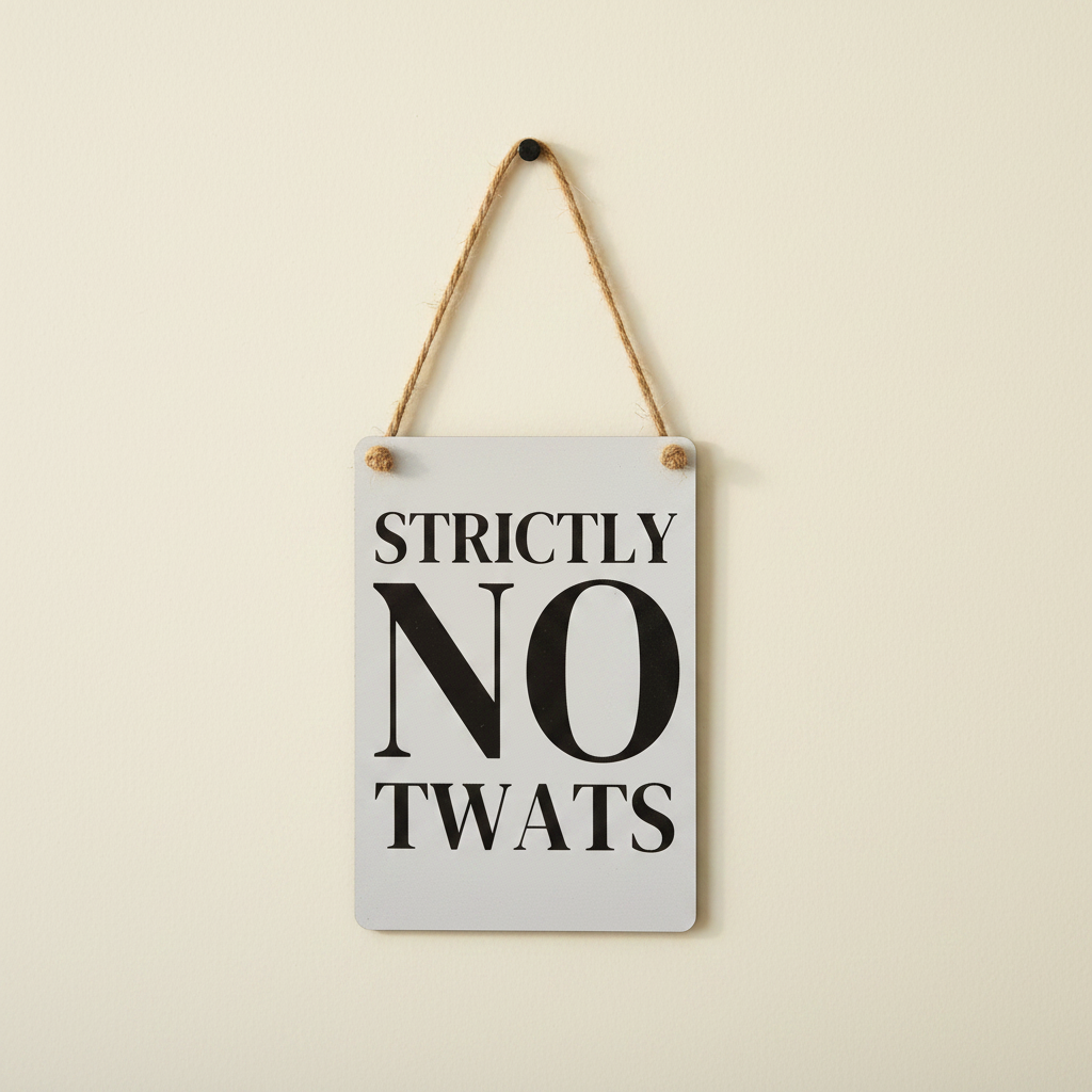 Mini metal sign reading “Strictly No Tw@ts” with bold humorous typography for wall display.