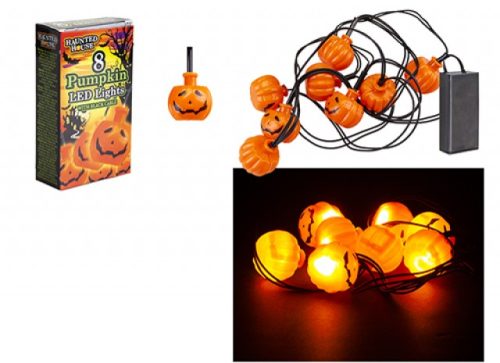 Set of 8 orange pumpkin LED string lights shown unlit with packaging box and lit up glowing orange against a dark background