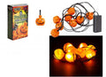 Set of 8 orange pumpkin LED string lights shown unlit with packaging box and lit up glowing orange against a dark background