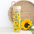 Glass water bottle with sunflower print, stylish and reusable for everyday hydration