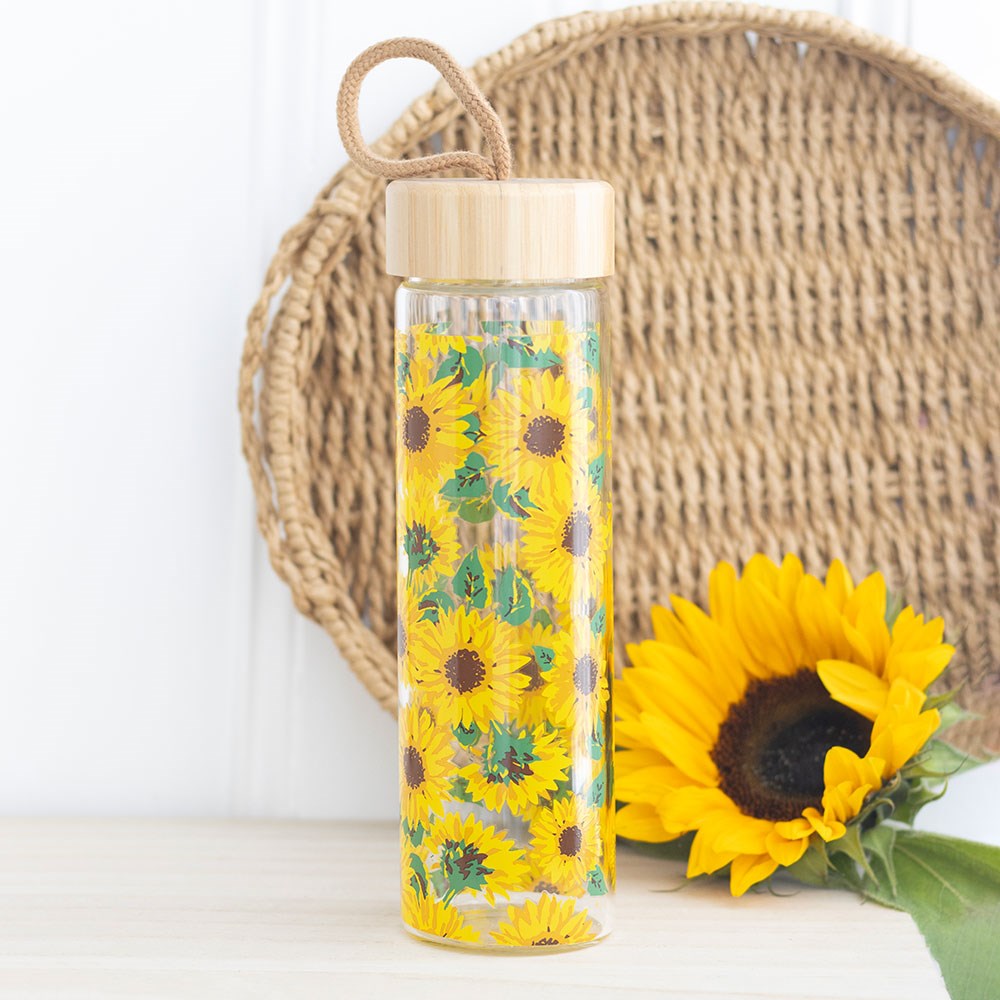 Glass water bottle with sunflower print, stylish and reusable for everyday hydration