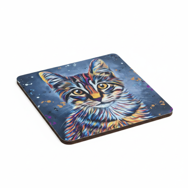 Colourful Tabby Cat Cork Backed Coaster Designed By Deborah Barker