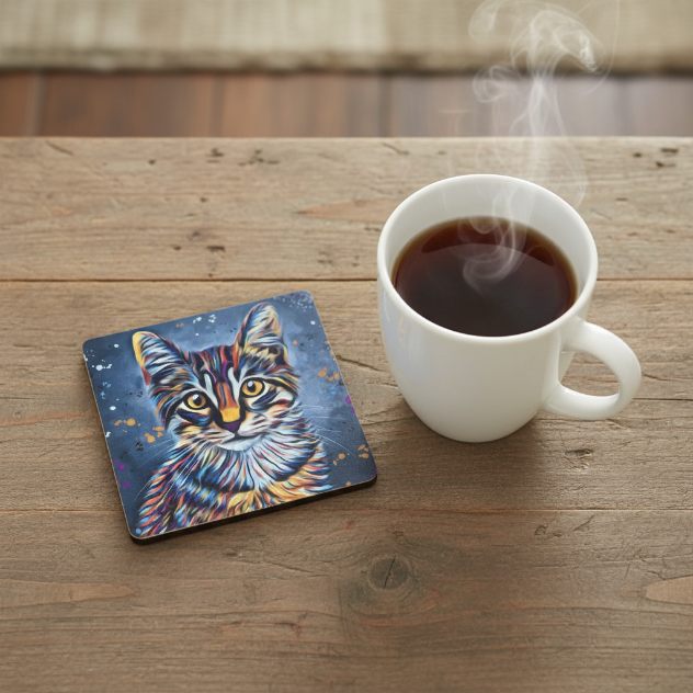 Colourful Tabby Cat Cork Backed Coaster Designed By Deborah Barker
