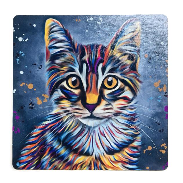 Tabby cat cork backed coaster by Deborah Barker, colourful and practical surface protector