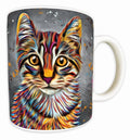 Colourful tabby cat ceramic mug by Deborah Barker, vibrant and artistic design