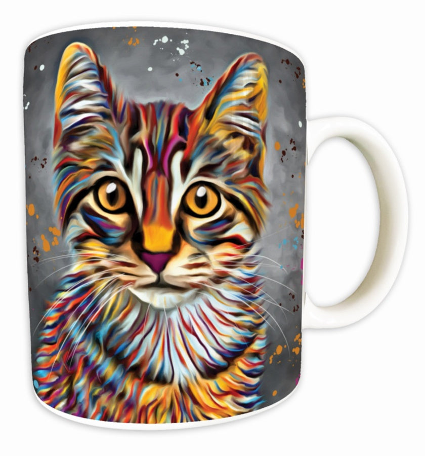 Colourful tabby cat ceramic mug by Deborah Barker, vibrant and artistic design