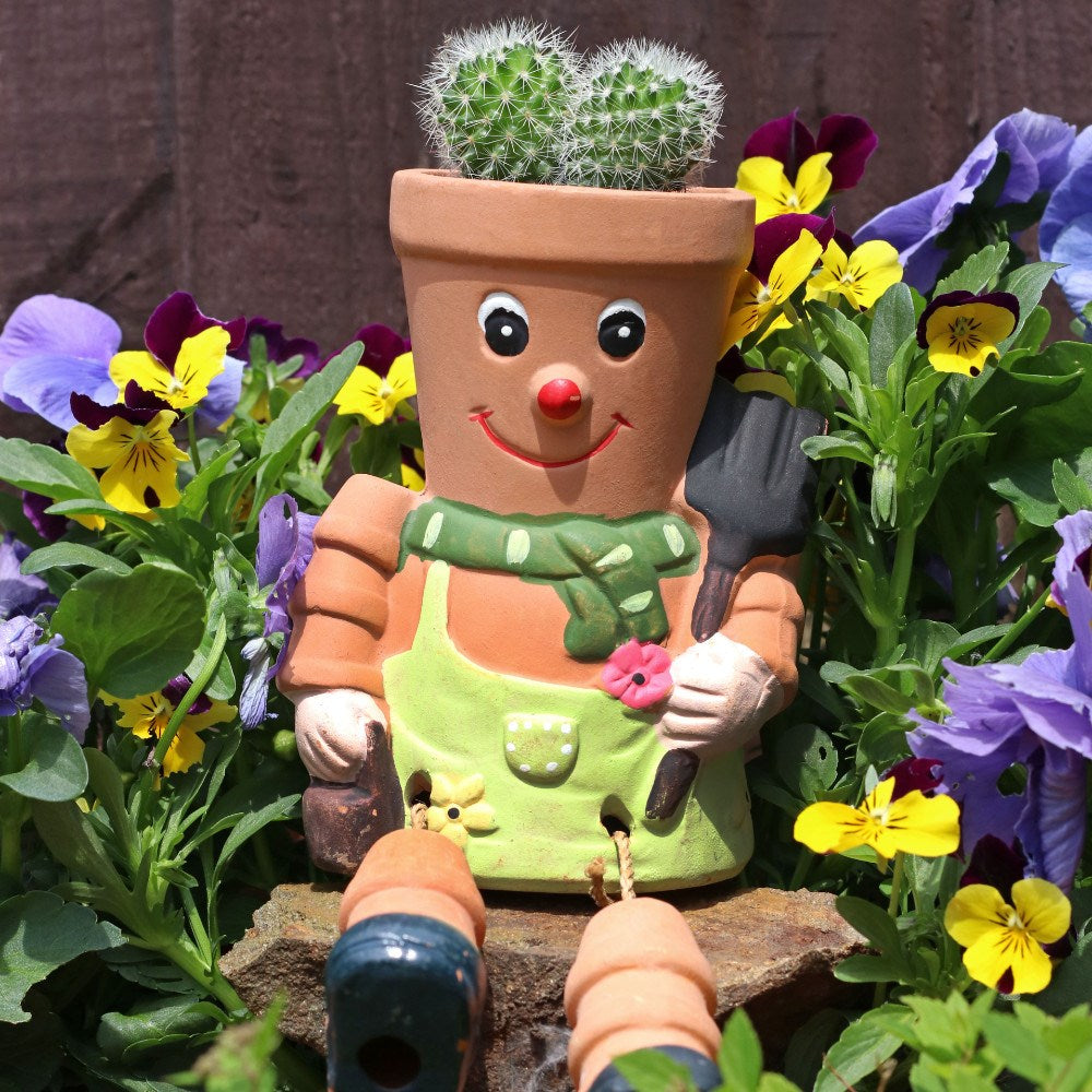 Terracotta man plant pot with a painted smiley face, red nose, green dungarees and gardening gloves, planted with a cactus and surrounded by colourful pansy flowers in a garden setting