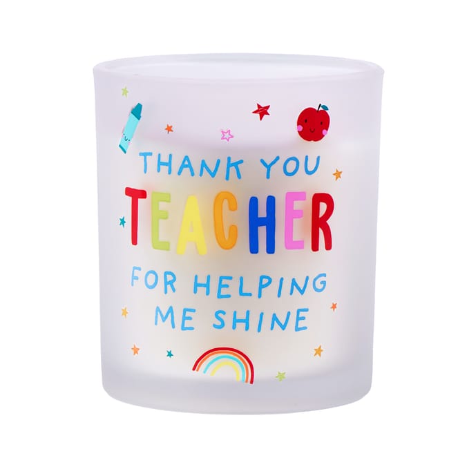 Frosted glass candle featuring “Thank You Teacher” message with decorative appreciation-themed design.