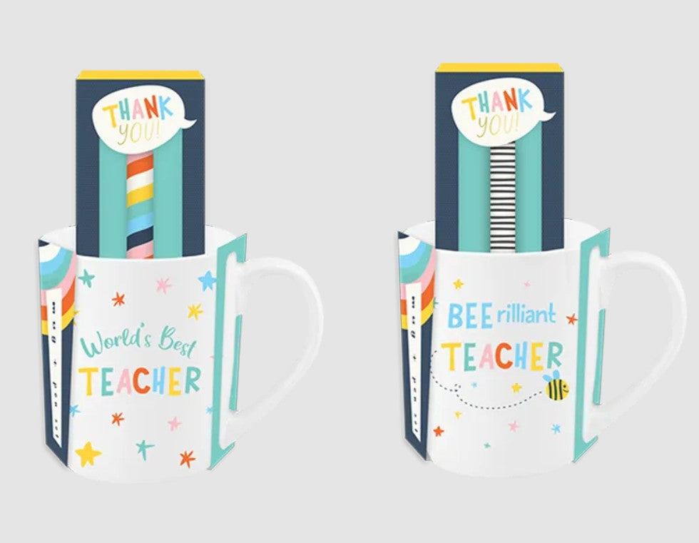 Best Teacher ceramic mug and matching pen gift set with teacher appreciation themed design.