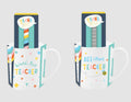 Best Teacher ceramic mug and matching pen gift set with teacher appreciation themed design.