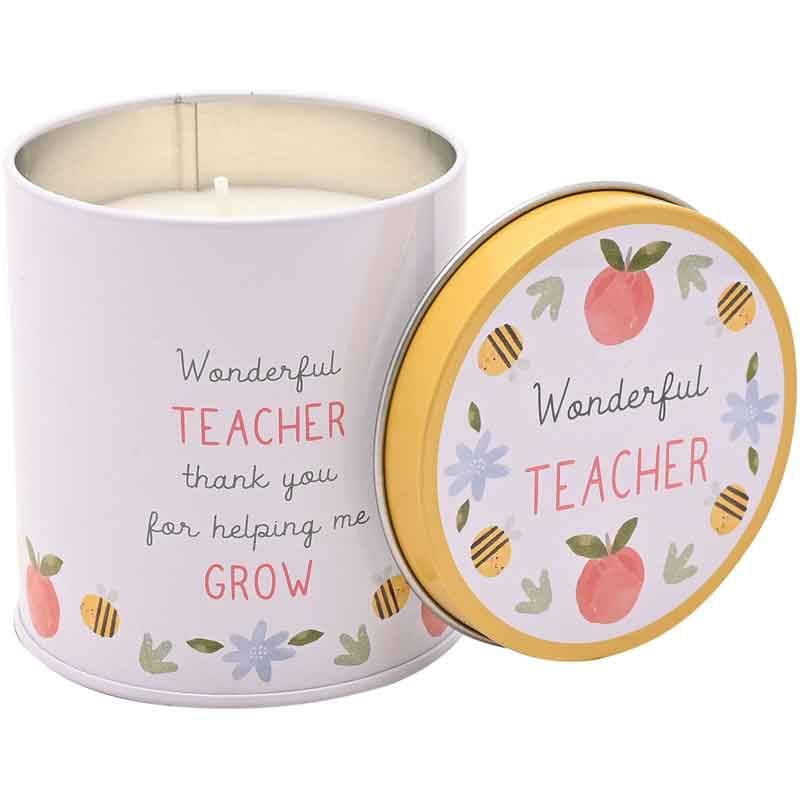 Blackberry scented candle in decorative container featuring “Wonderful Teacher” appreciation design.
