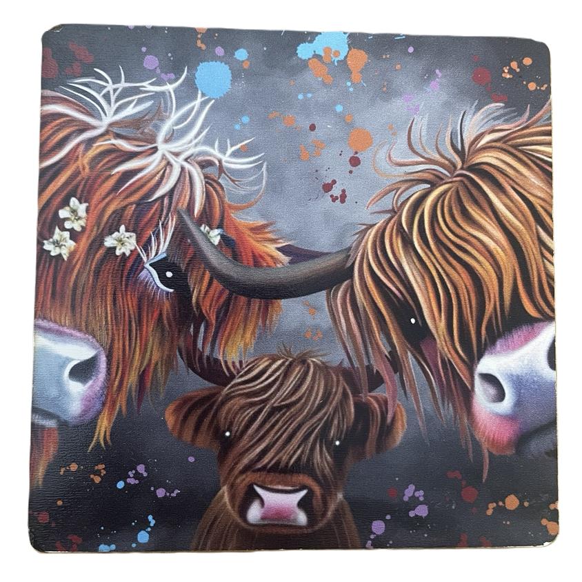 Cork backed coaster featuring Highland cow artwork by Deborah Barker with colourful countryside-inspired illustration.