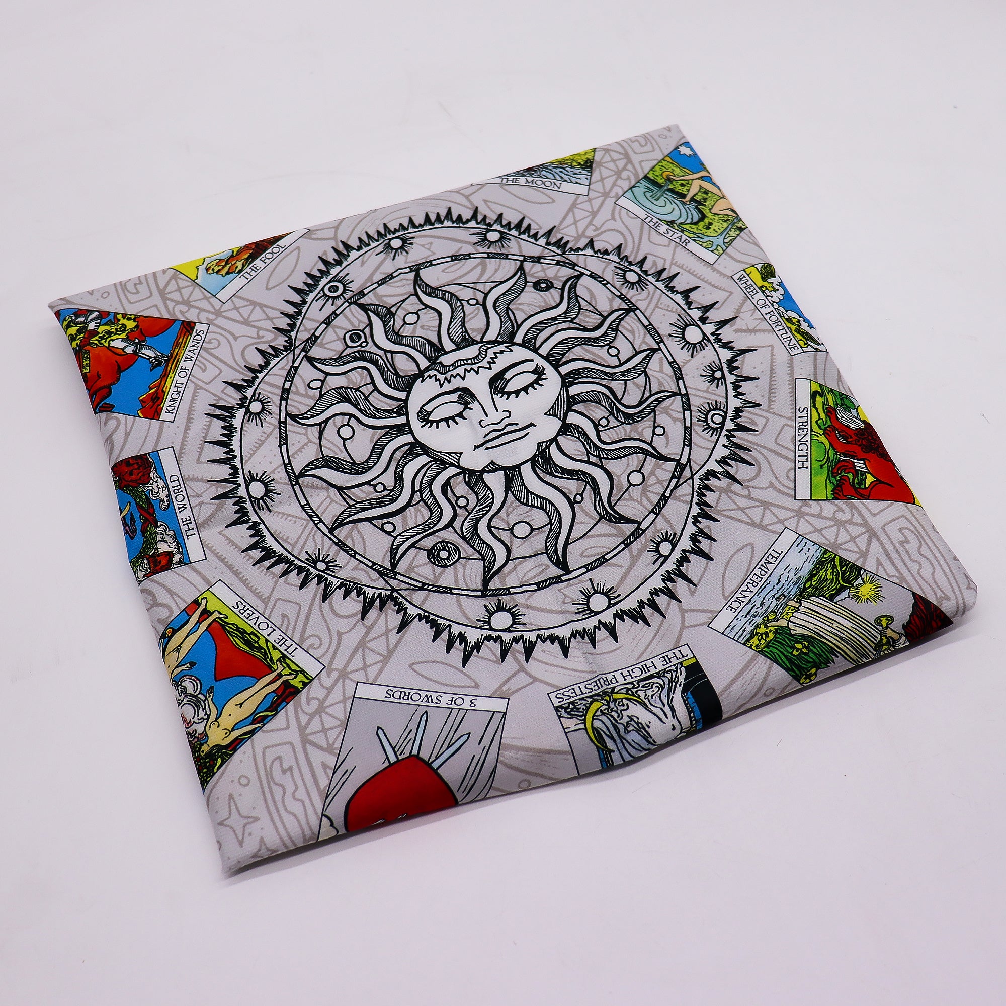 Sun pattern tarot reading cloth, 75cm, featuring bright celestial design for tarot spreads and rituals