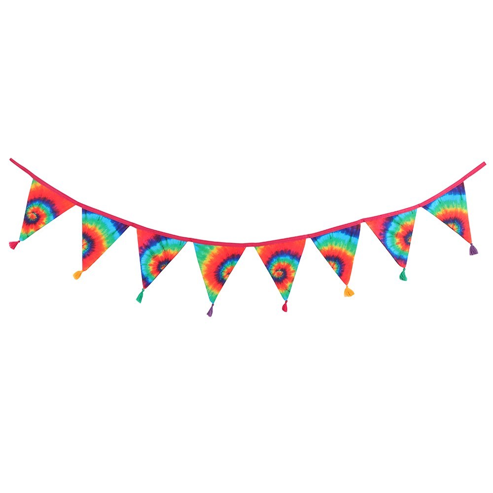 1.5m fabric bunting featuring rainbow tie dye pennants and colourful tassels, designed for indoor or outdoor decorative display.