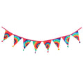 1.5m fabric bunting featuring rainbow tie dye pennants and colourful tassels, designed for indoor or outdoor decorative display.