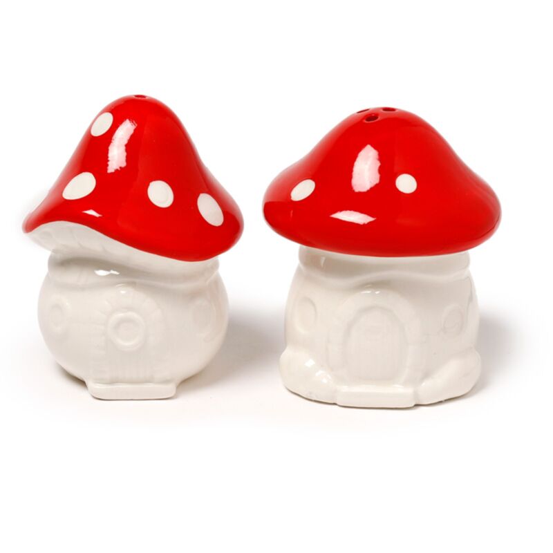 Ceramic salt and pepper shaker set shaped like a fairy toadstool house with colourful whimsical detailing.