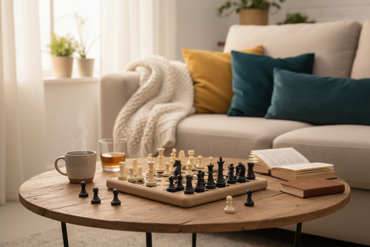 Traditional Wooden Chess Set on Coffee Table