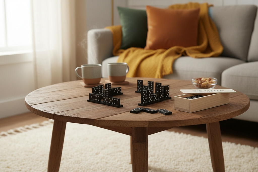 Traditional Wooden Domino Set on Coffee Table