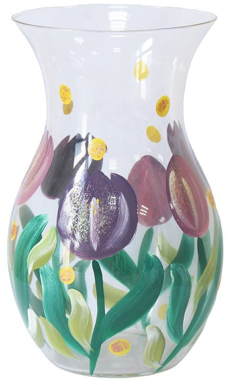 Hand-painted glass vase featuring tulip flower design, 19cm tall, elegant decorative home accessory
