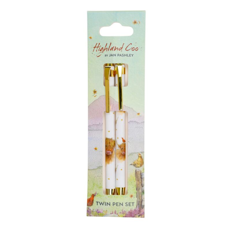 Twin pack pen set featuring Highland cow themed designs with decorative countryside-inspired artwork.