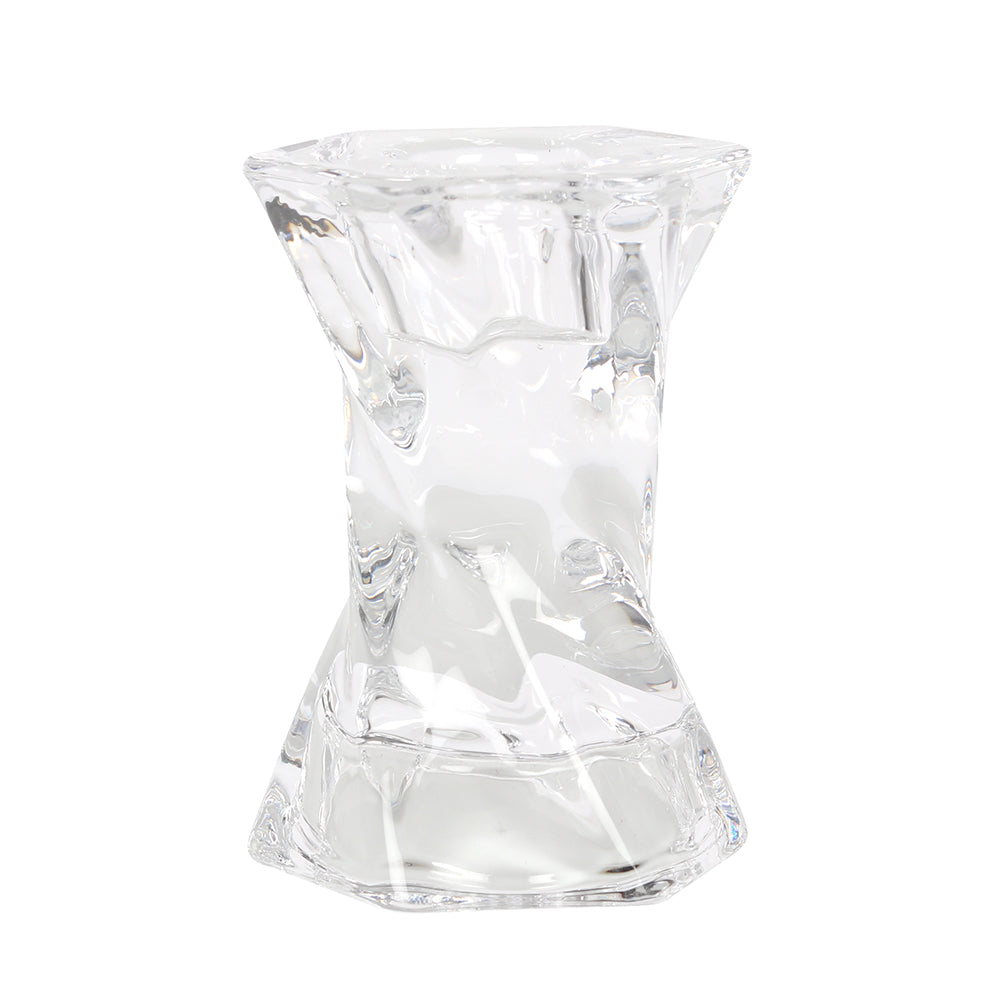 Twisted glass candle holder designed to hold both dinner candles and tealights with decorative clear glass finish.