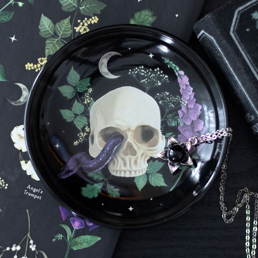 Skull ceramic trinket dish with venom and vines design, perfect for jewellery or small items