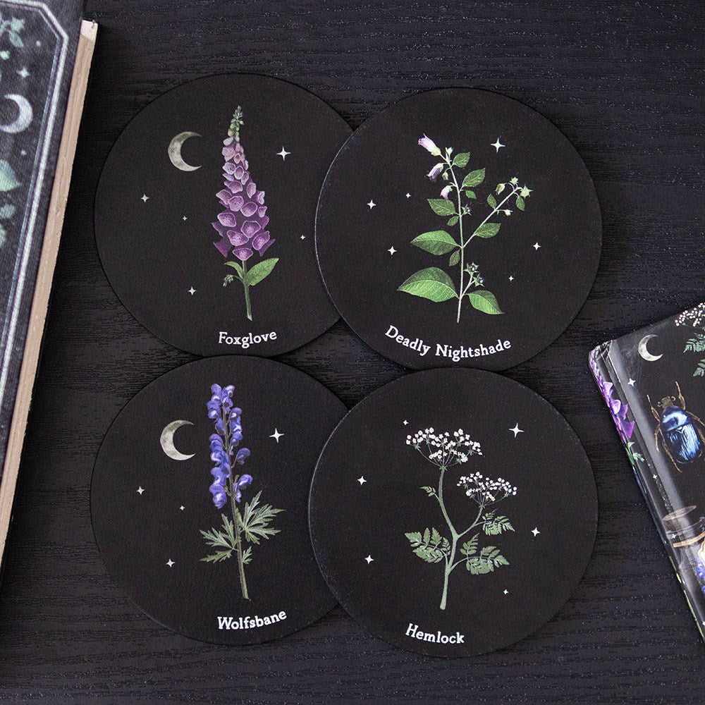 Poisonous plants MDF coaster set with botanical illustrations, ideal for protecting surfaces in style