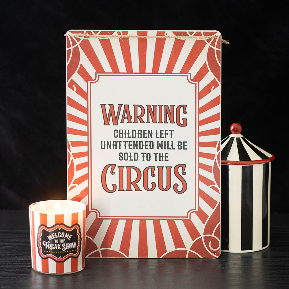 Metal sign “Warning unattended children will be sold to the circus”, humorous wall decor