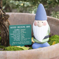 Cheeky terracotta garden gnome with blue hat and white beard, displayed next to a green weather forecasting conditions sign, sitting in a mossy garden planter