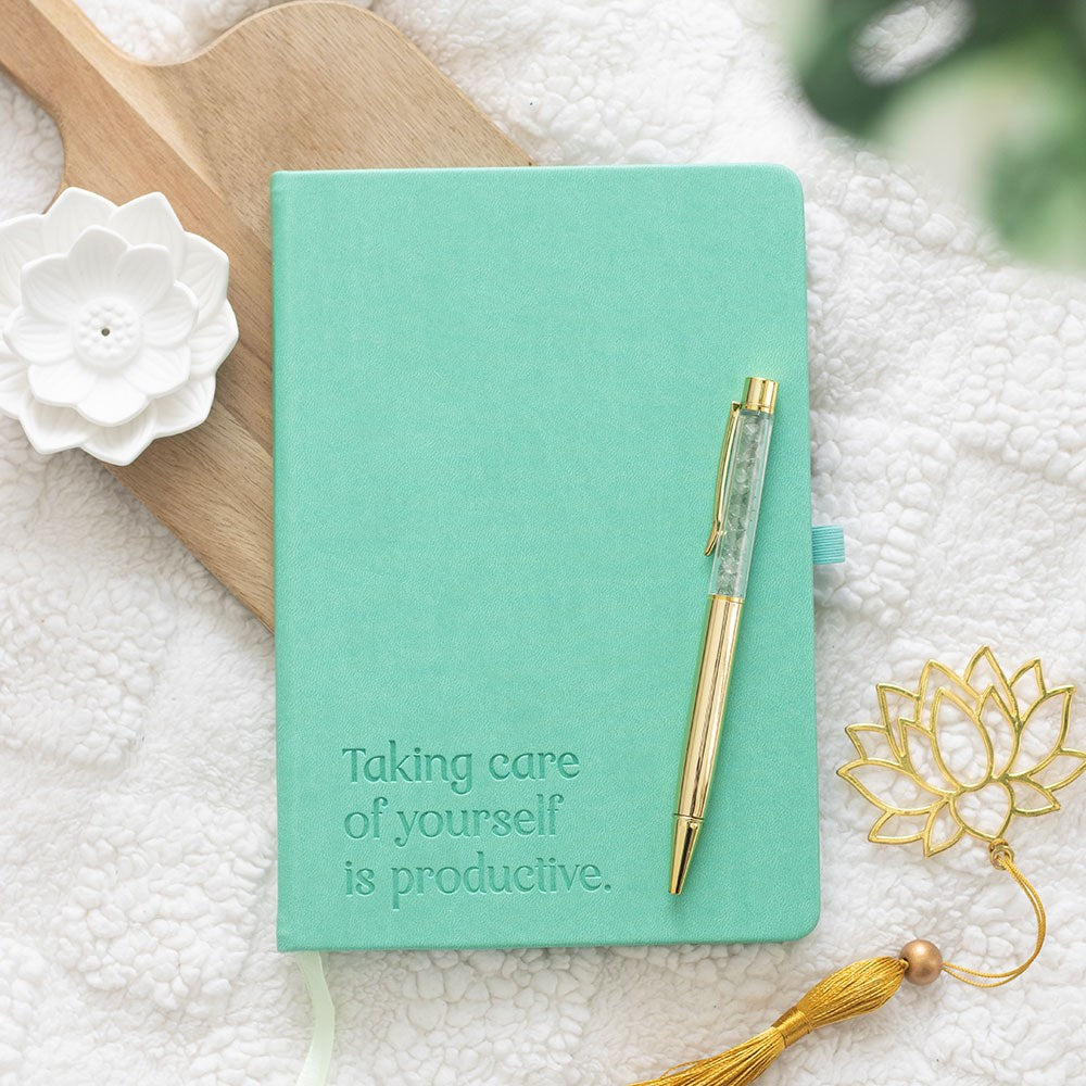 A5 wellness journal paired with an aventurine crystal pen, ideal for mindfulness, goal setting, and daily journaling with a calming, elegant touch.