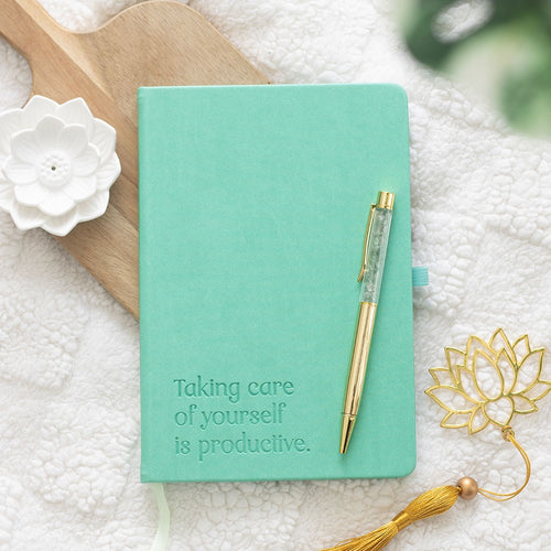 A5 wellness journal paired with an aventurine crystal pen, ideal for mindfulness, goal setting, and daily journaling with a calming, elegant touch.
