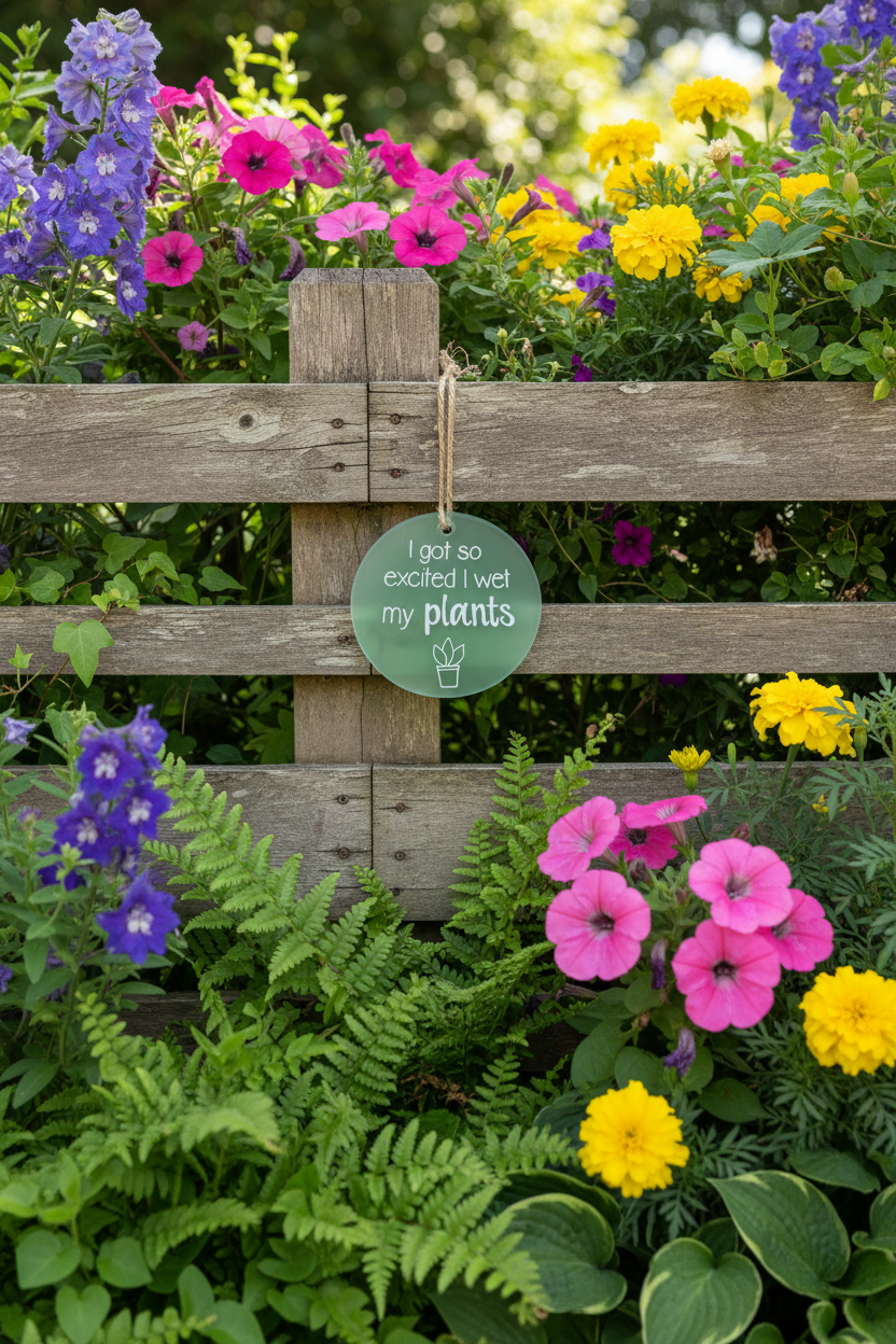 Round frosted glass "I Got So Excited I Wet My Plants" hanging sign with twine and plant pot illustration, on a green background

