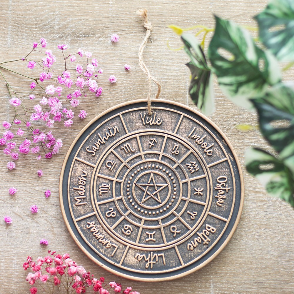 Bronze wheel of the year terracotta hanging plaque, a rustic seasonal and spiritual decoration