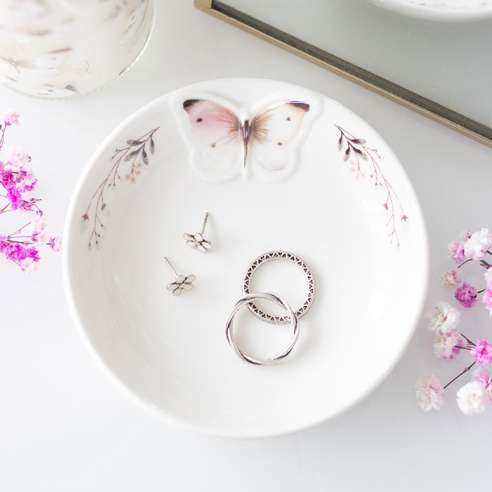White butterfly ceramic trinket dish, ideal for storing jewellery or small keepsakes